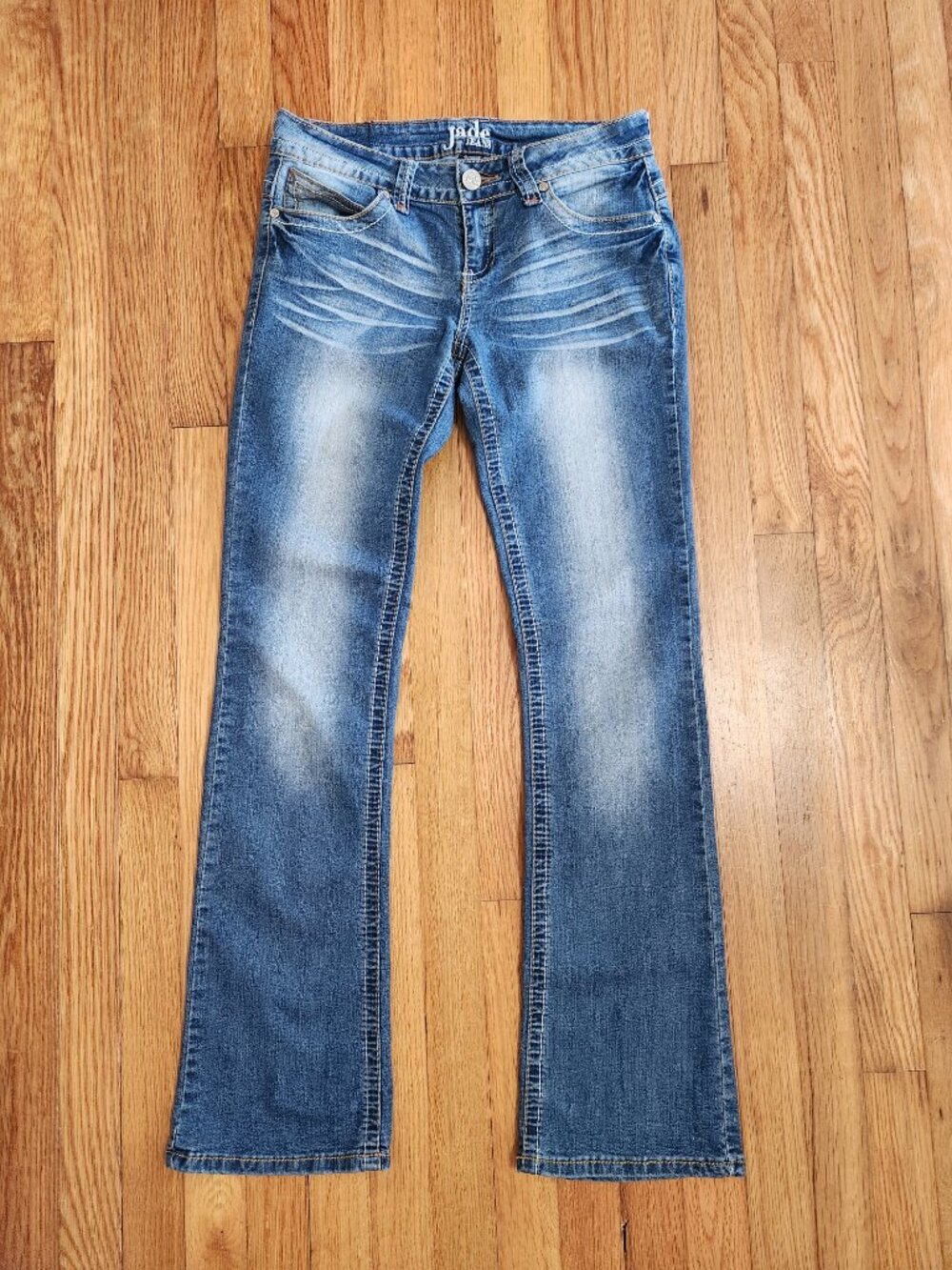 Jade Jeans Medium Wash Whiskered Distressed Low Rise Orange Stitching Denim Y2K